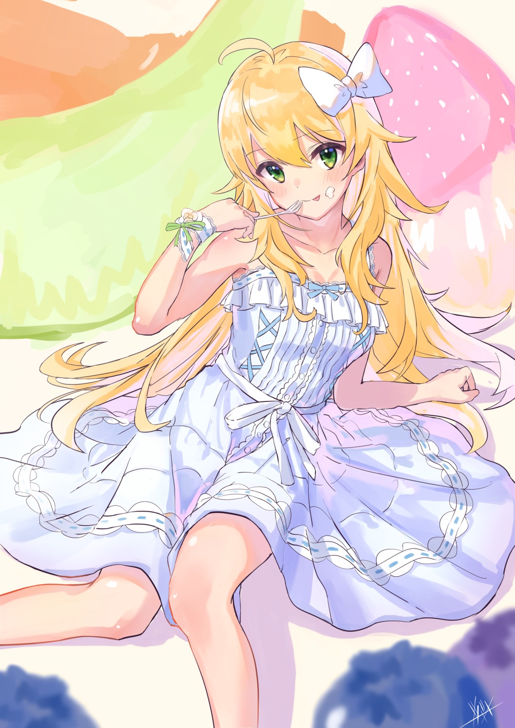 cleavage cream dress hoshii_miki skirt_lift summer_dress the_idolm@ster tsubameno