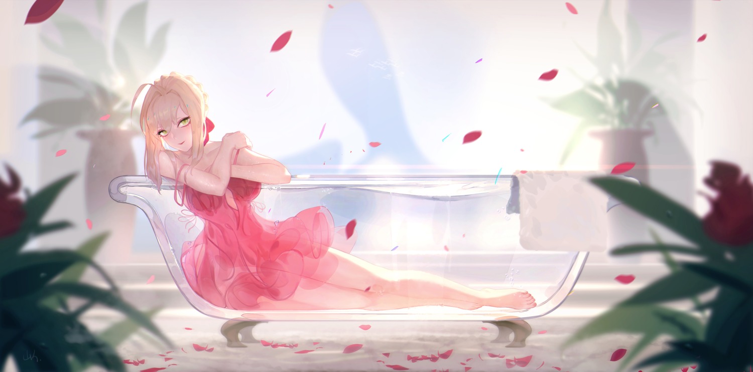 bathing dress fate/grand_order konghai_shanren saber_extra see_through wet