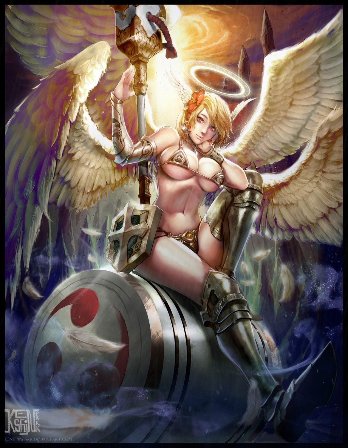angel armor bikini_armor cleavage heels ken_(artist) underboob weapon wings