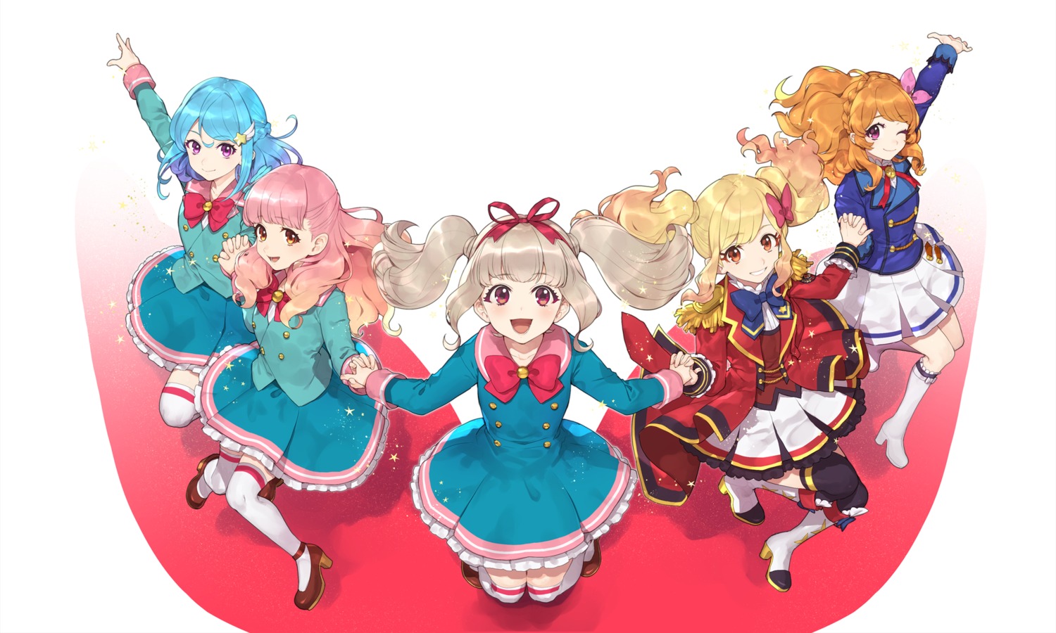 aikatsu! aikatsu_on_parade! heels hitoto kiseki_raki minato_mio nijino_yume oozora_akari seifuku thighhighs uniform yuuki_aine