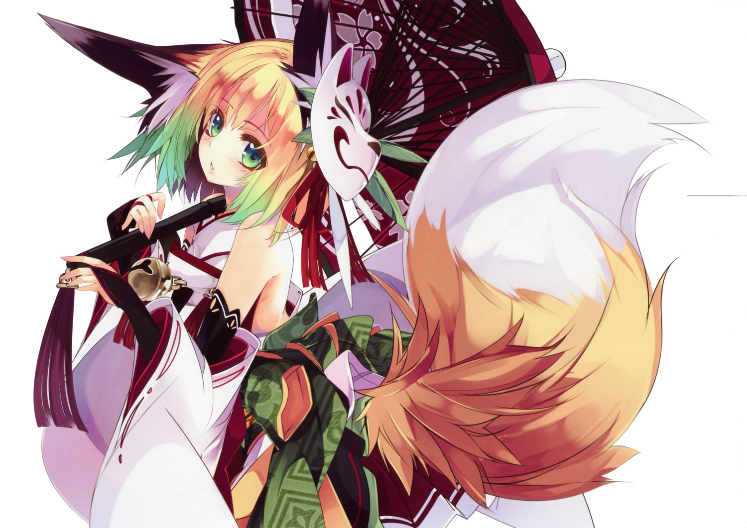 animal_ears japanese_clothes kitsune shirokitsune tail umbrella