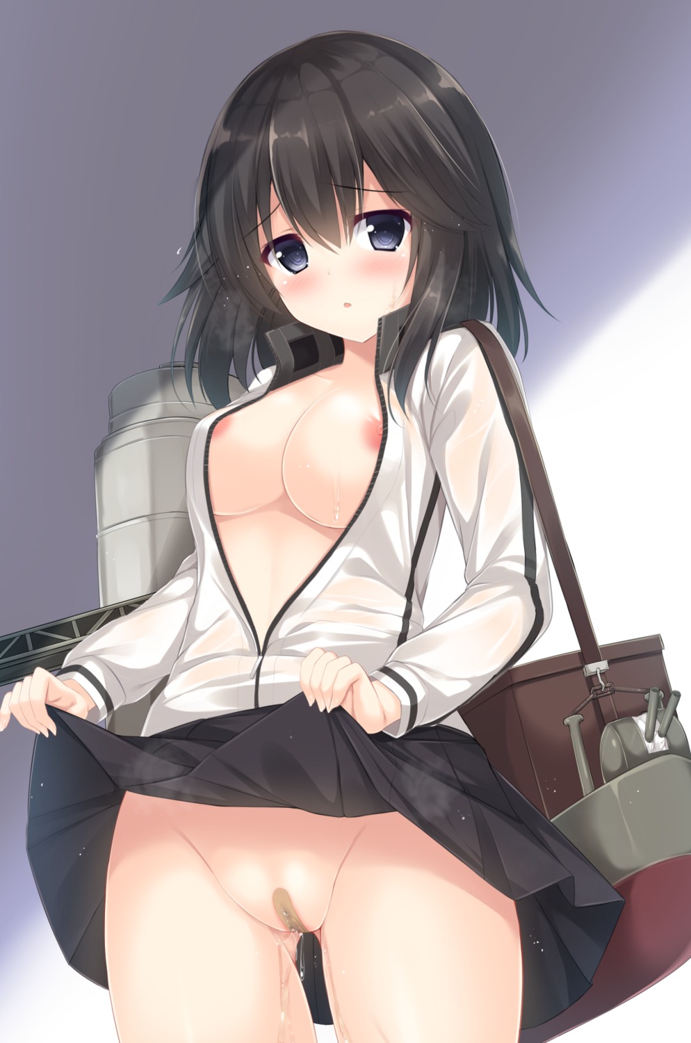 bandaid breasts cameltoe hayasui_(kancolle) kantai_collection maebari nipples no_bra nopan open_shirt pussy pussy_juice skirt_lift tomoo