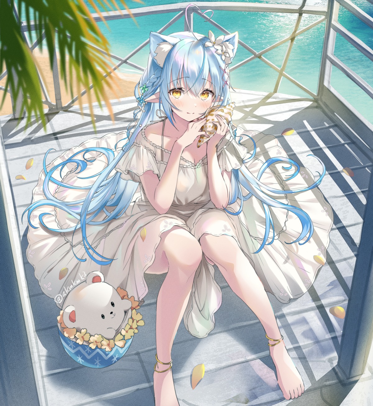 akamoku animal_ears dress elf hololive nekomimi pointy_ears skirt_lift summer_dress yukihana_lamy