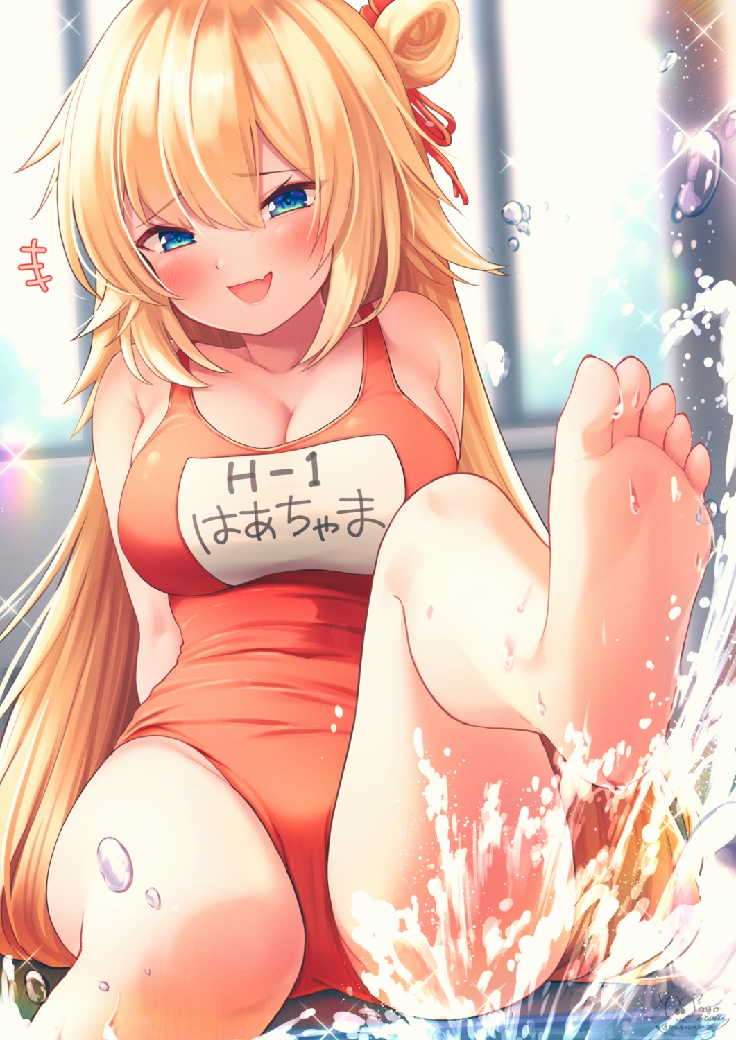 akai_haato cleavage feet hololive magowasabi school_swimsuit swimsuits wet