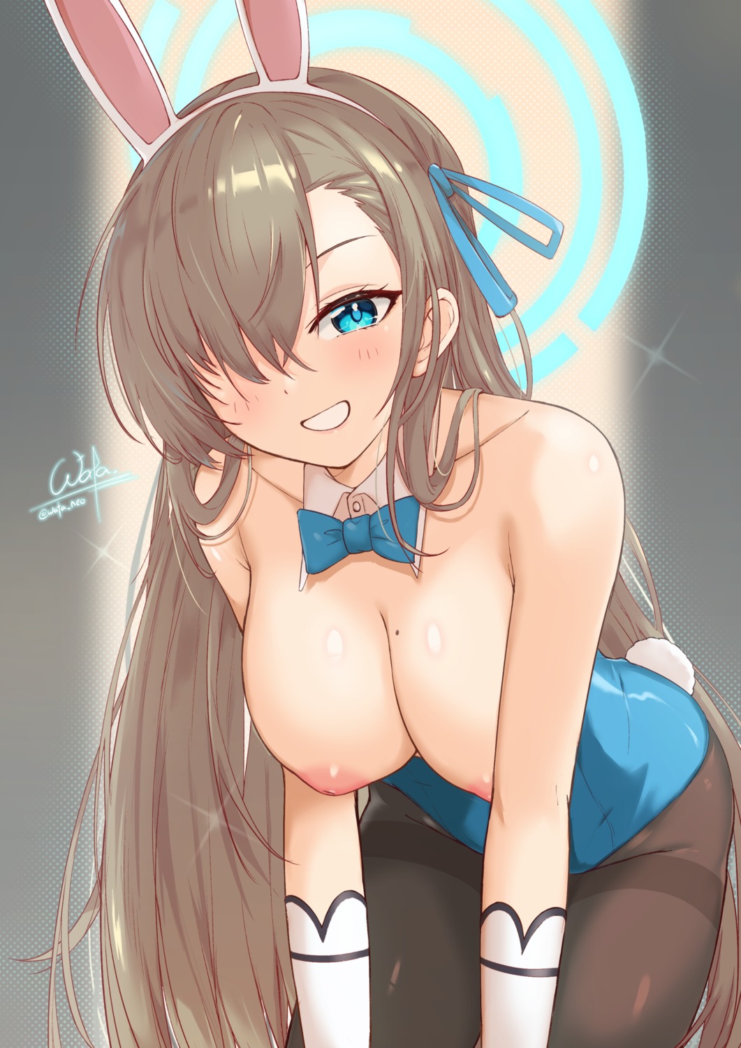 animal_ears blue_archive breasts bunny_ears bunny_girl halo ichinose_asuna nipples no_bra pantyhose tail wata_neo