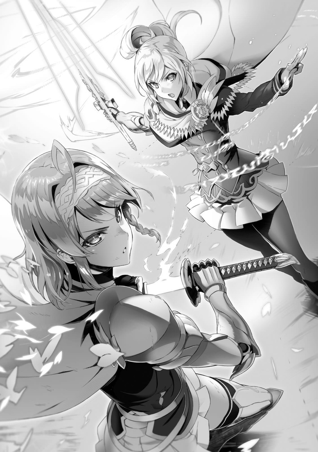 armor monochrome nonaka_kurumi nonaka_yuki ookuma_nekosuke pantyhose shinmai_maou_no_testament skirt_lift sword thighhighs uniform