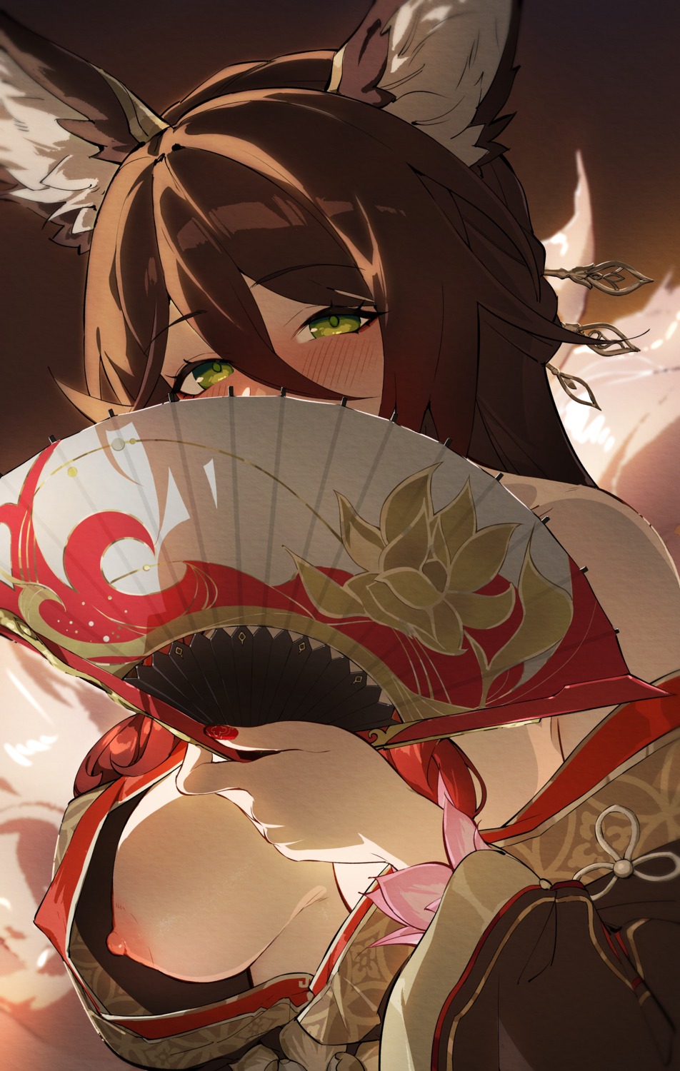 animal_ears breasts honkai:_star_rail japanese_clothes kitsune nashidrop nipples no_bra open_shirt tail tingyun