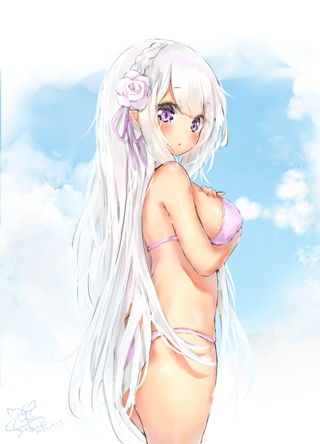 ass bikini breast_hold elf emilia_(re_zero) erect_nipples pointy_ears re_zero_kara_hajimeru_isekai_seikatsu seboneko swimsuits