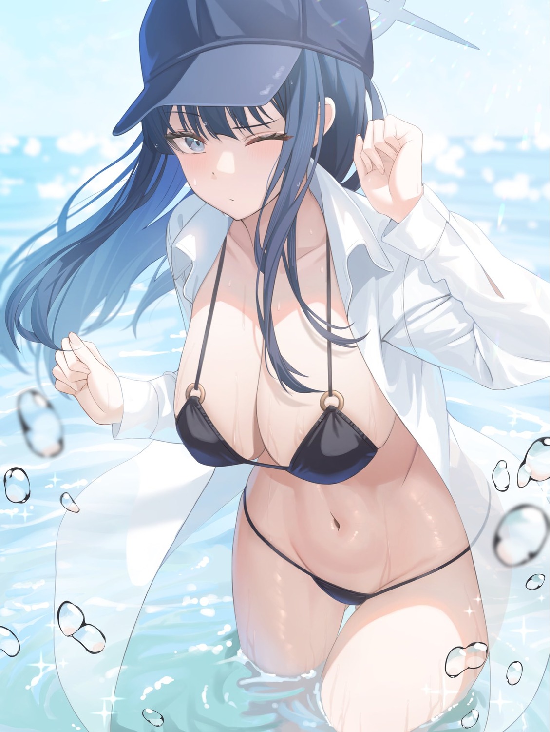 bikini blue_archive halo joumae_saori mutenka_(plfgb) open_shirt see_through swimsuits wet