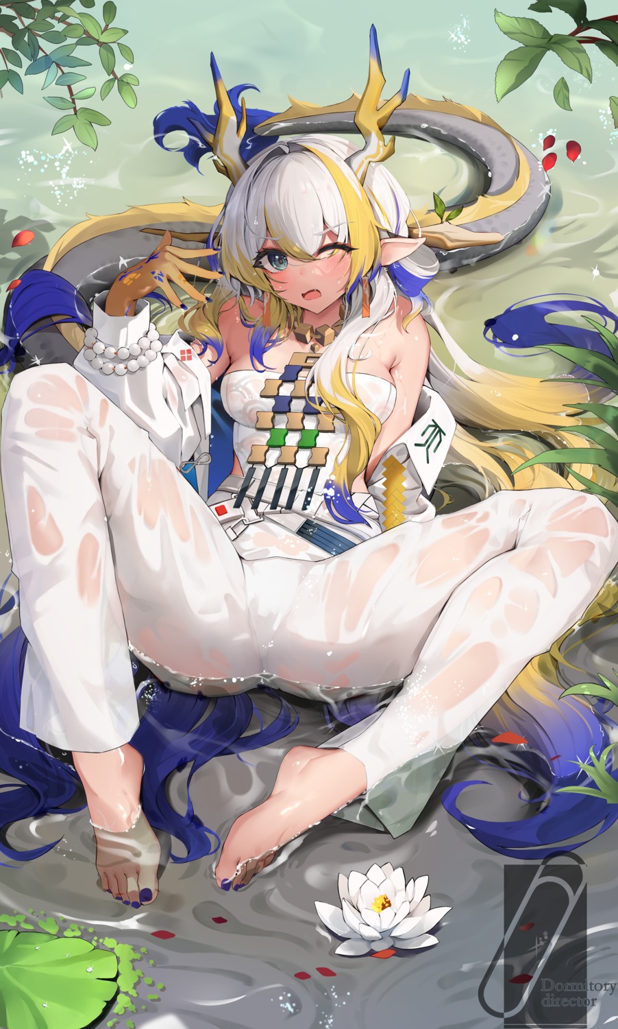 arknights feet horns pointy_ears qinshishizhang see_through shu_(arknights) tail wet wet_clothes
