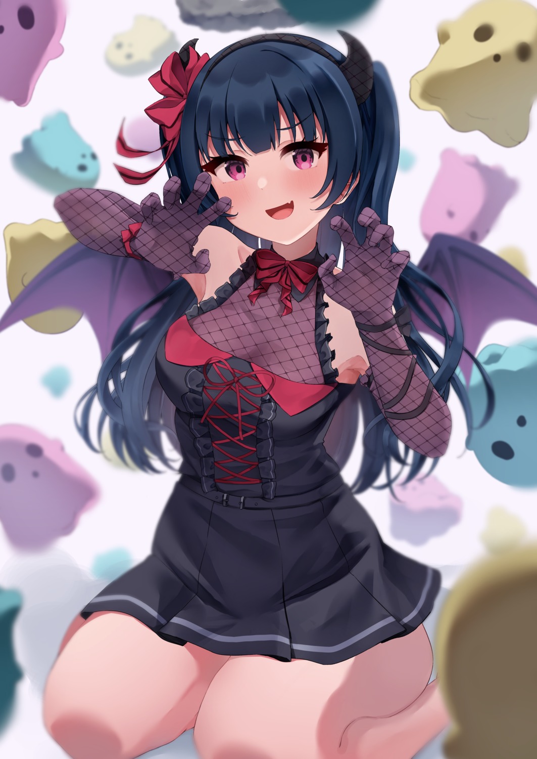 fishnets harukasu_(mememememo) horns love_live!_sunshine!! no_bra see_through skirt_lift tsushima_yoshiko wings