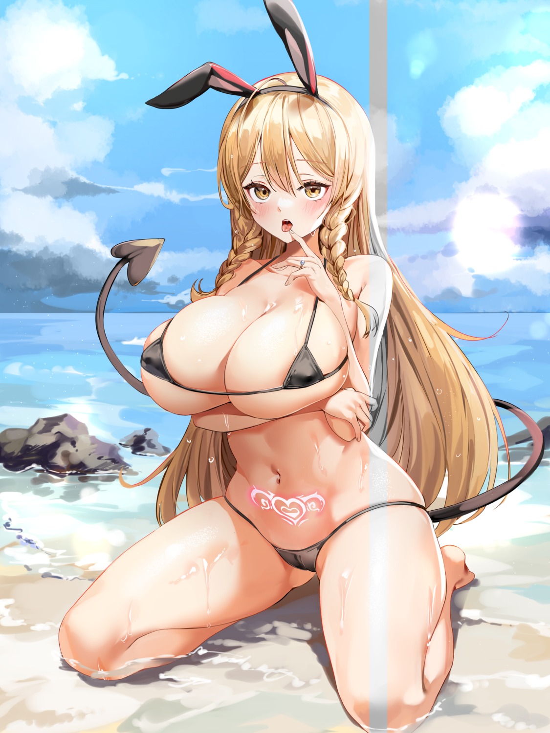 animal_ears areola bikini breast_hold bunny_ears cameltoe erect_nipples lillly swimsuits tail tattoo wet