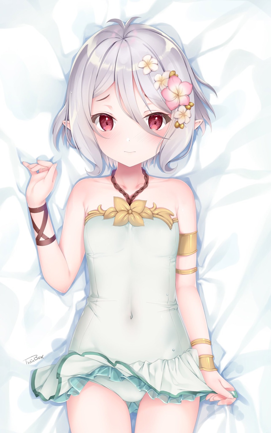 kokkoro loli pointy_ears princess_connect princess_connect!_re:dive skirt_lift swimsuits twinbox