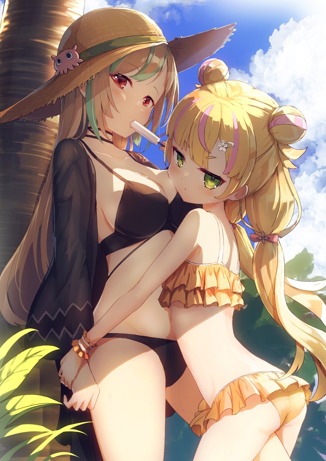 ass bikini cleavage loli namacotan open_shirt swimsuits yuri