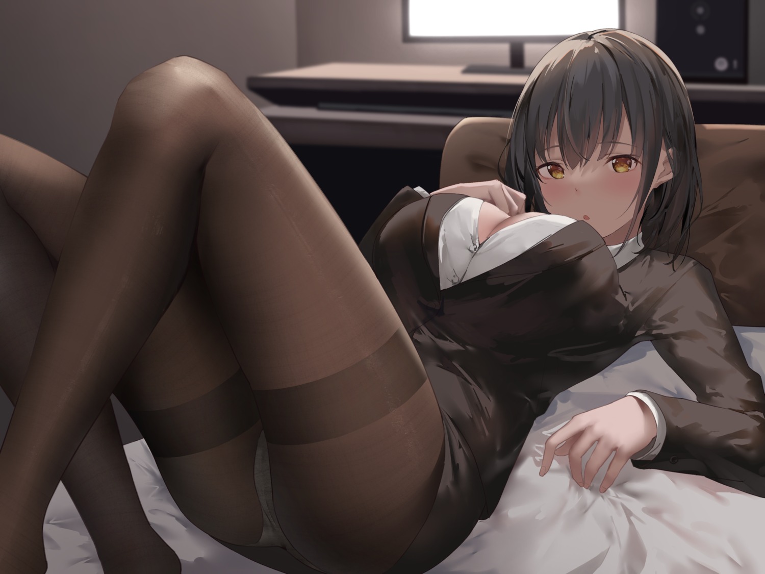 business_suit cleavage open_shirt pantsu pantyhose skirt_lift suzuame_yatsumi