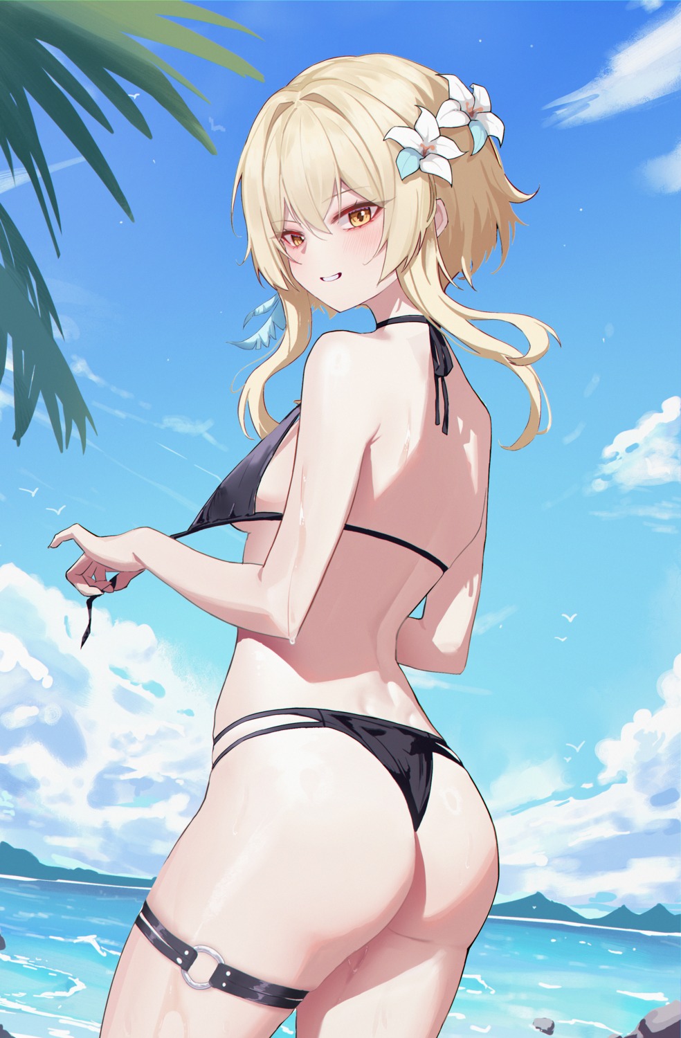 ass bikini garter genshin_impact lishu lumine swimsuits thong undressing wet