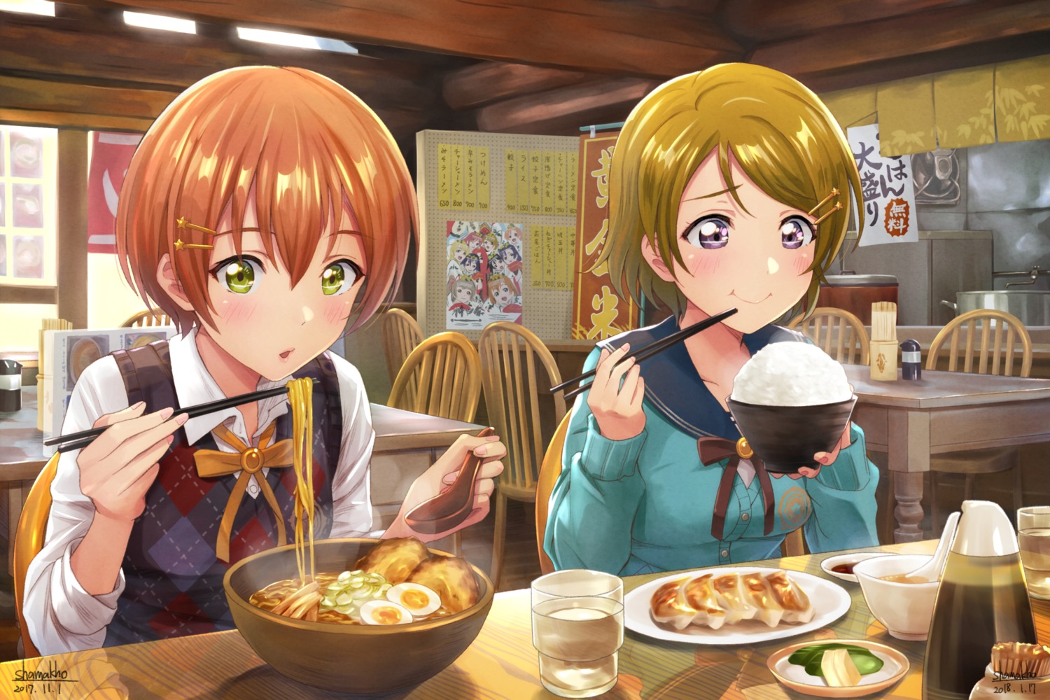 hoshizora_rin koizumi_hanayo love_live! seifuku shamakho sweater