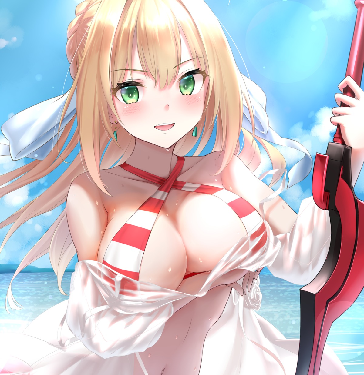 bikini breast_hold fate/grand_order kachiyori open_shirt saber_extra see_through swimsuits sword
