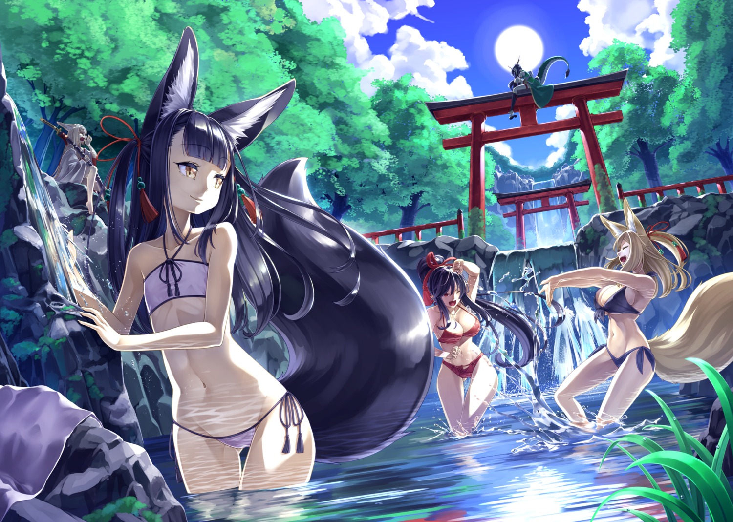 animal_ears bikini cleavage horns japanese_clothes kitsune landscape seihou swimsuits sword tail wet