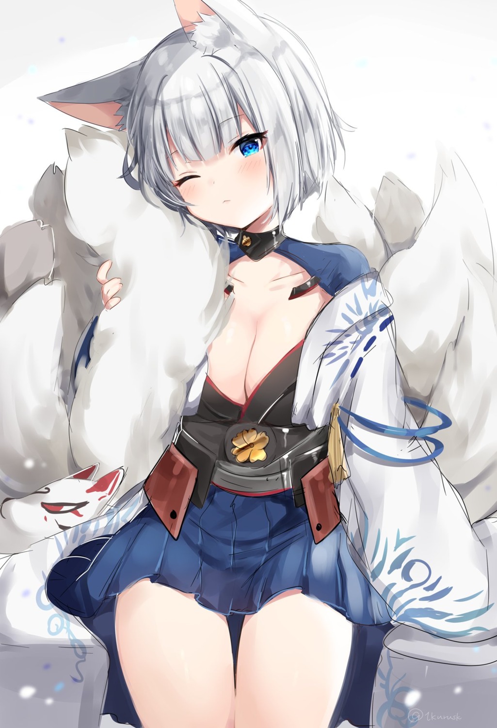 animal_ears azur_lane cleavage japanese_clothes kaga_(azur_lane) kitsune mafuyu_(chibi21) tail