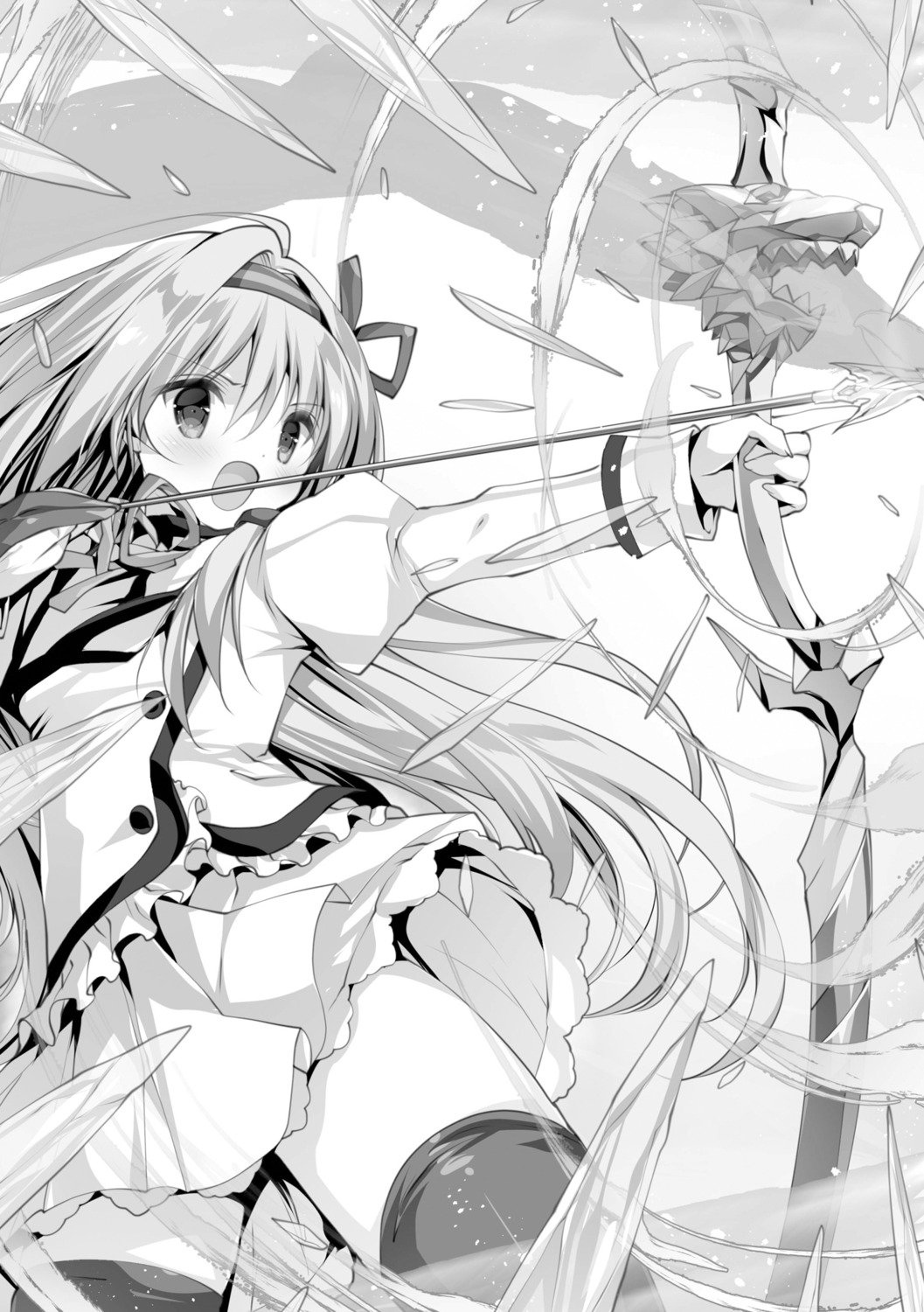 monochrome rinslet_laurenfrost seifuku seirei_tsukai_no_blade_dance shimesaba_kohada skirt_lift thighhighs weapon