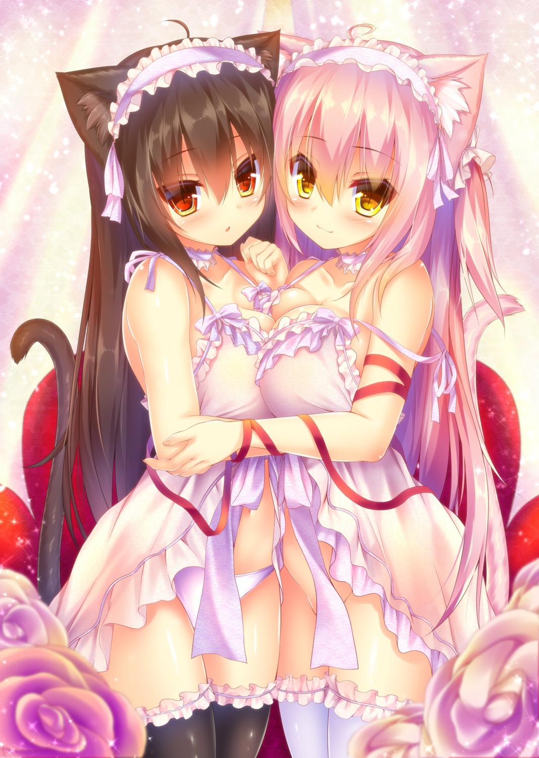 animal_ears lingerie mia_flatpaddy nekomimi no_bra nopan pantsu shia_flatpaddy symmetrical_docking syroh tail thighhighs