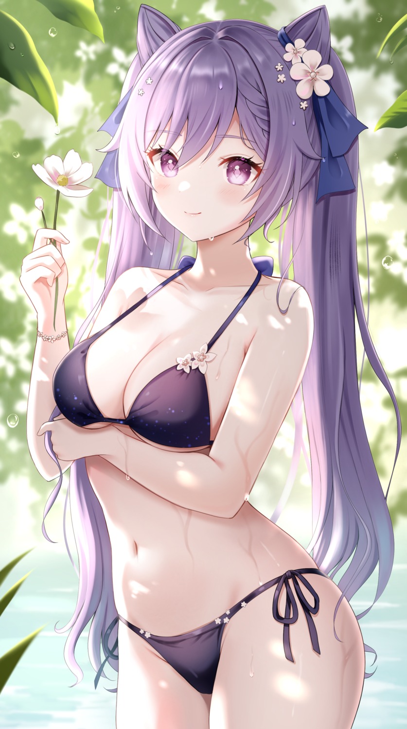 bikini breast_hold genshin_impact keqing nasii swimsuits wet