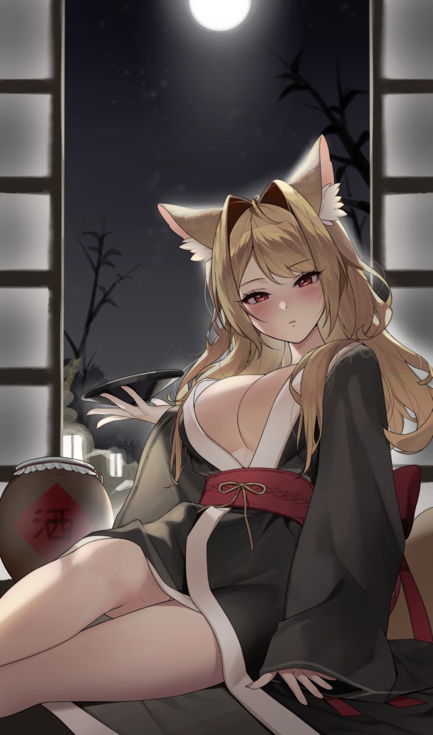 animal_ears daeboll japanese_clothes kitsune no_bra open_shirt sake tail