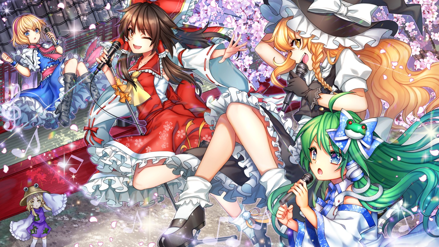 alice_margatroid hakurei_reimu heels kirisame_marisa kochiya_sanae kuzuhamire moriya_suwako thighhighs touhou wallpaper witch