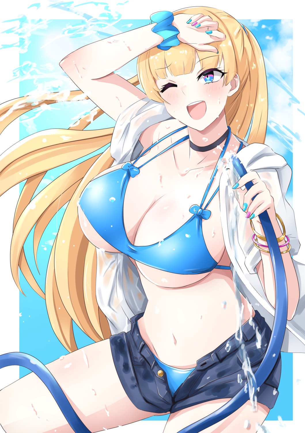 bikini gudon_(iukhzl) lina_bell_roll open_shirt see_through swimsuits wet wet_clothes