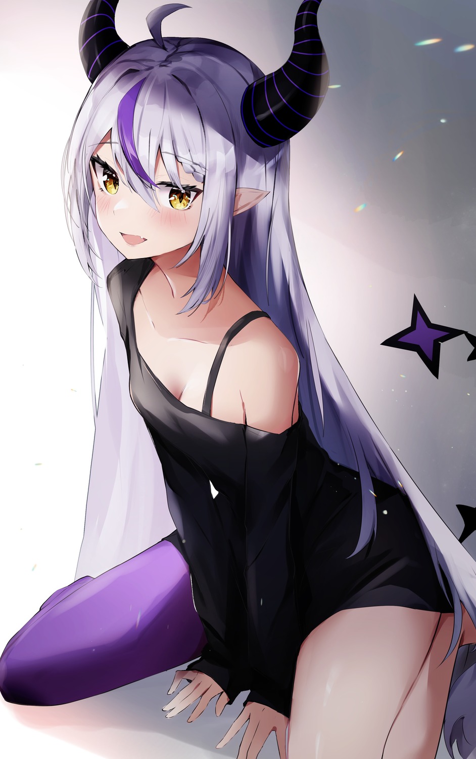 bra dress hololive horns la+_darknesss nanashinayuzu_mochi open_shirt pointy_ears tail thighhighs