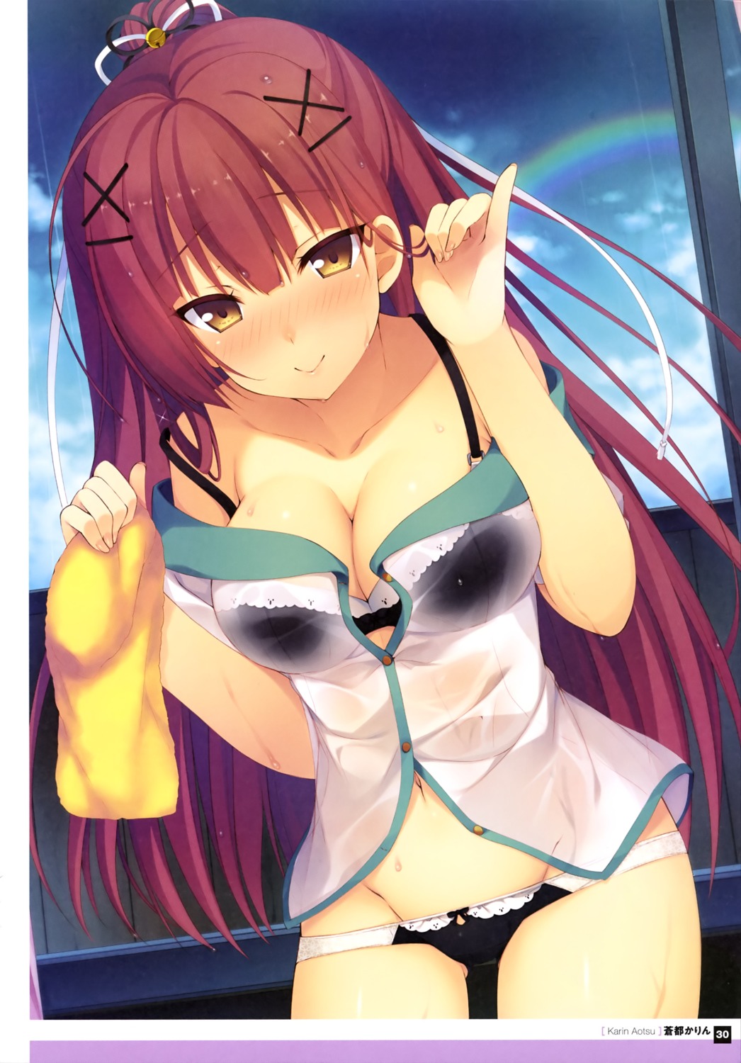 aotsu_karin bra cleavage open_shirt pantsu panty_pull see_through seifuku wet wet_clothes