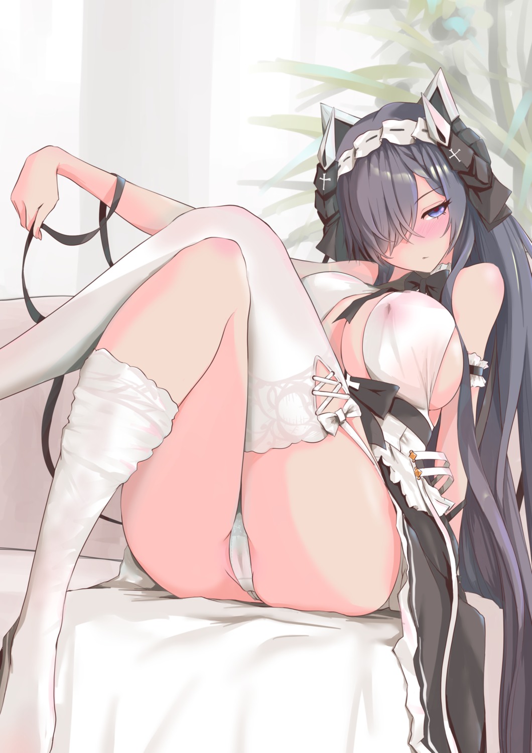 areola august_von_parseval_(azur_lane) azur_lane cameltoe erect_nipples horns maid no_bra p.i.t.d pantsu see_through skirt_lift stockings thighhighs thong