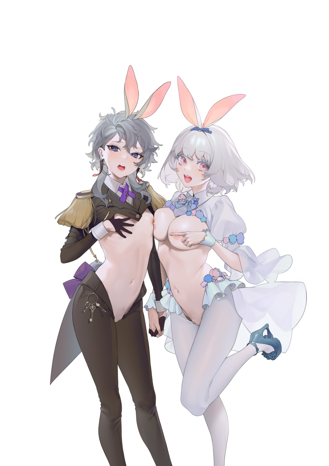 animal_ears breast_hold breasts bunny_ears bunny_girl garter heels nipples no_bra nopan ohisashiburi pantyhose pussy tail