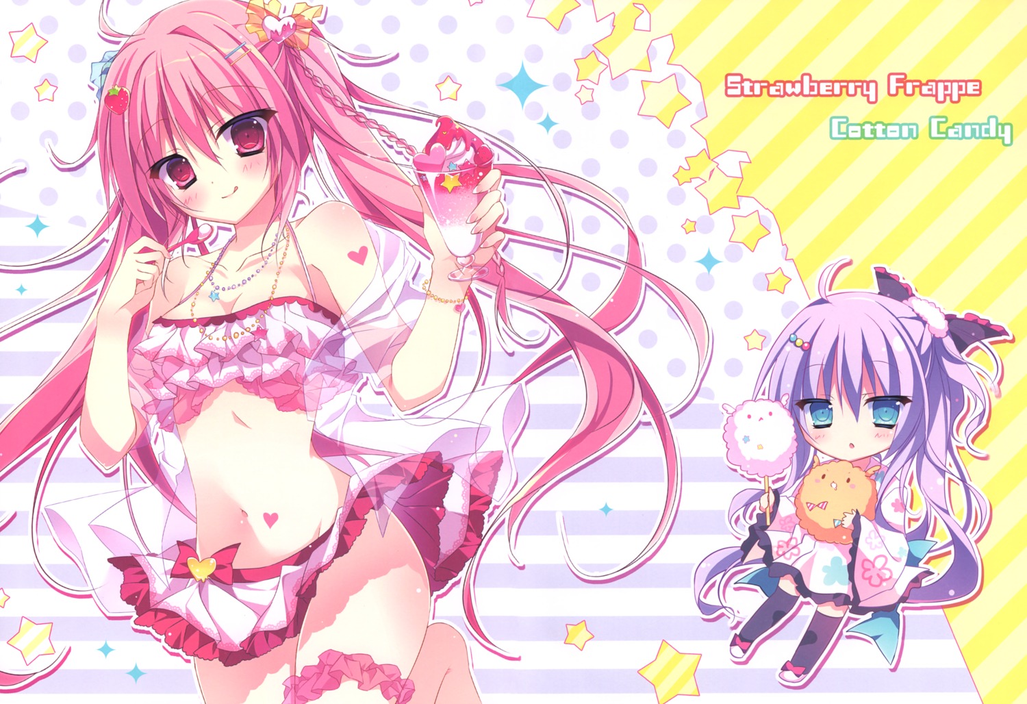 bikini_top chericot_rozel chibi cleavage japanese_clothes skirt_lift swimsuits tagme thighhighs