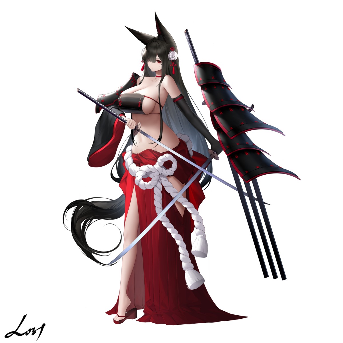 an_yasuri animal_ears artist_revision heels japanese_clothes kitsune no_bra sword yingmo