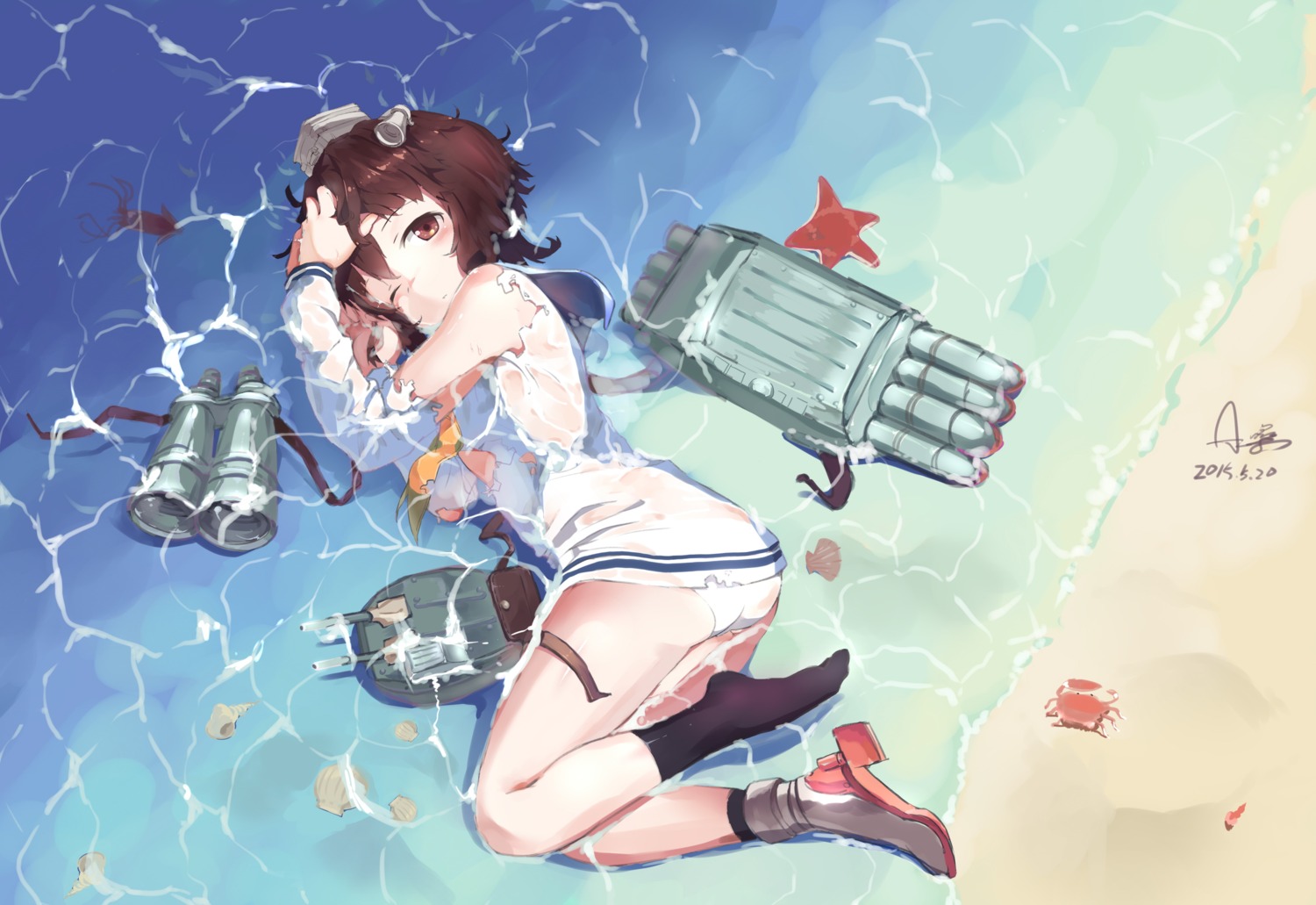 ass heels kantai_collection no_bra pantsu see_through seifuku torn_clothes wet wet_clothes yukikaze_(kancolle) zhongye_yu