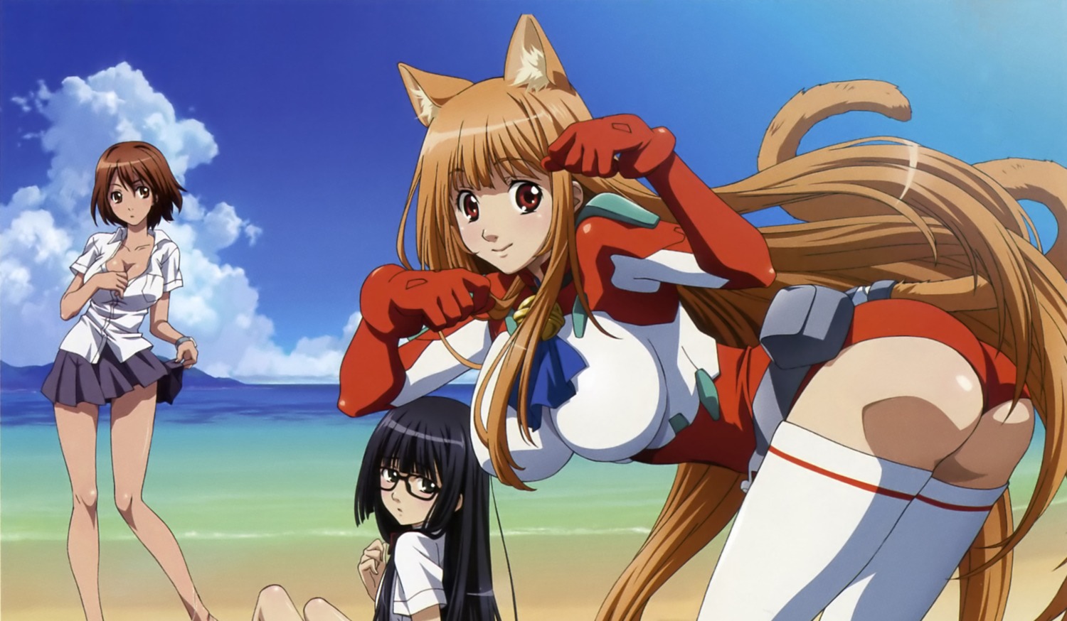 animal_ears asobi_ni_iku_yo! ass bodysuit cleavage eris futaba_aoi kinjou_manami nekomimi seifuku tagme tail thighhighs