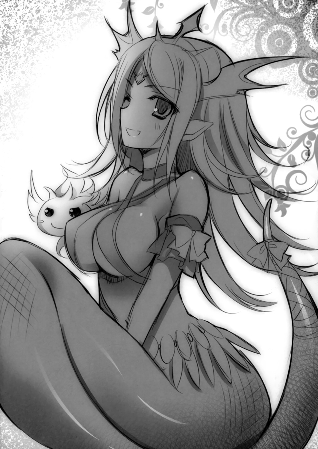 karomix karory monochrome monster_girl no_bra pointy_ears puzzle_&_dragons tail underboob