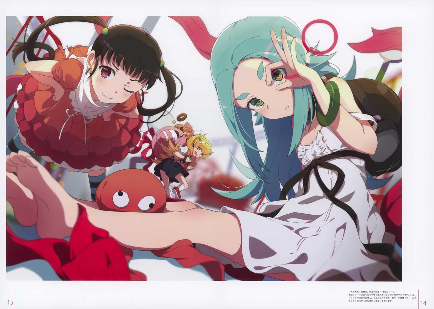 bakemonogatari dress feet hachikuji_mayoi milky_been! monogatari_(series) ogipote ononoki_yotsugi oshino_shinobu seifuku summer_dress thighhighs