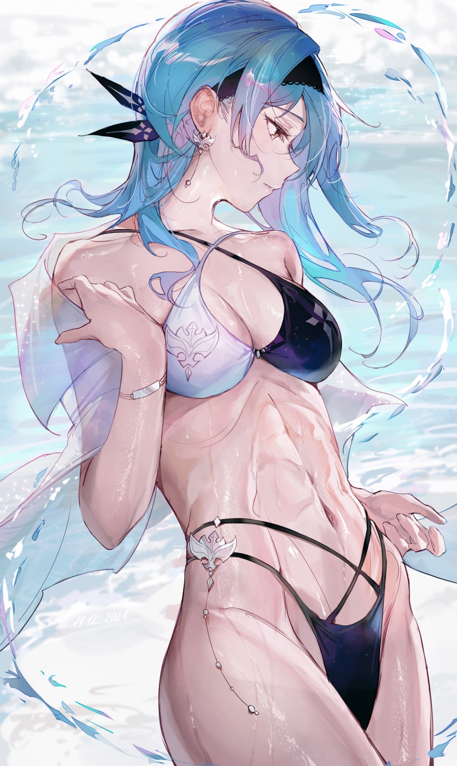 bikini eula genshin_impact open_shirt qiandaiyiyu see_through swimsuits thong undressing wet