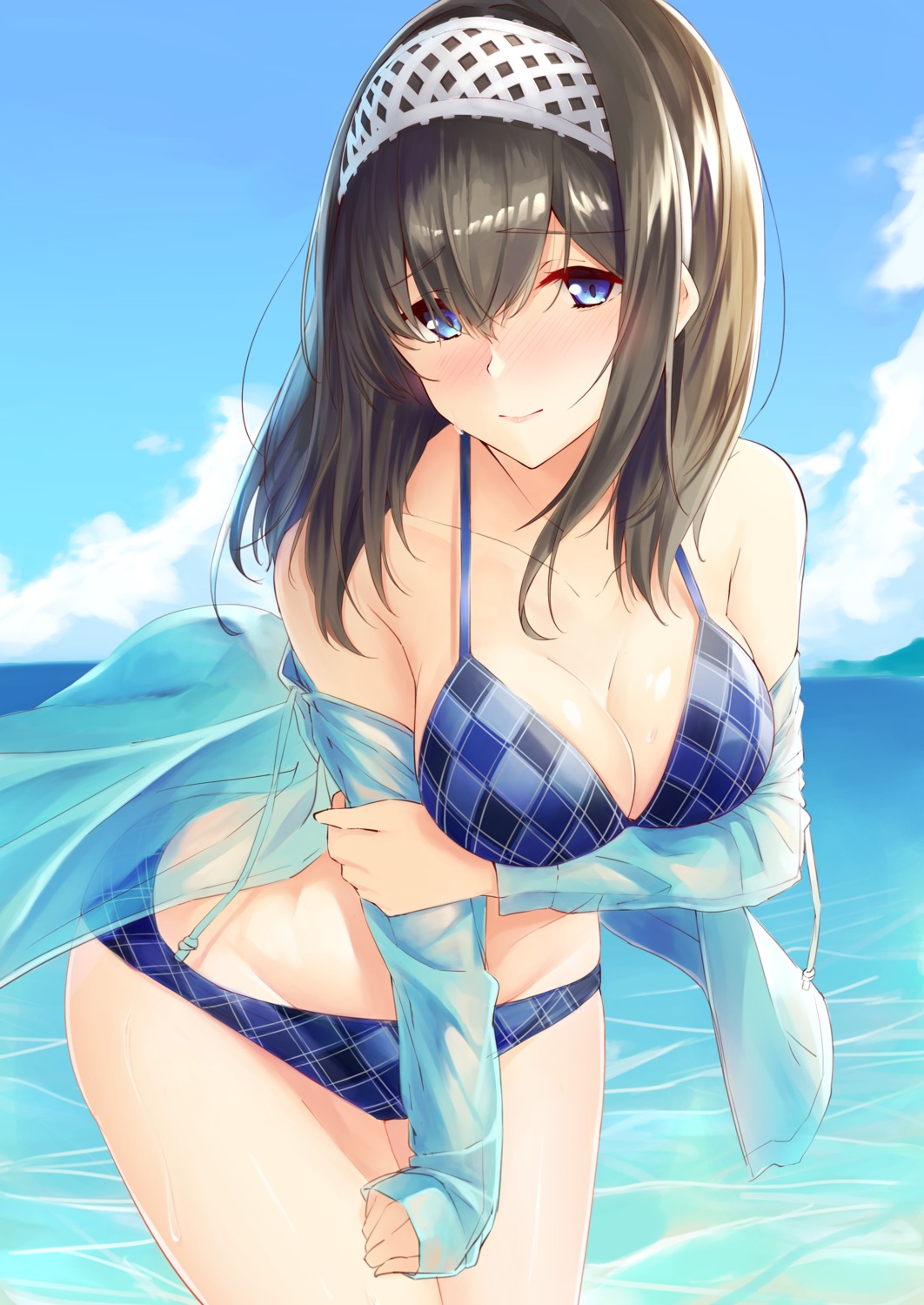 bikini breast_hold cleavage megurumiru open_shirt sagisawa_fumika see_through swimsuits the_idolm@ster the_idolm@ster_cinderella_girls wet