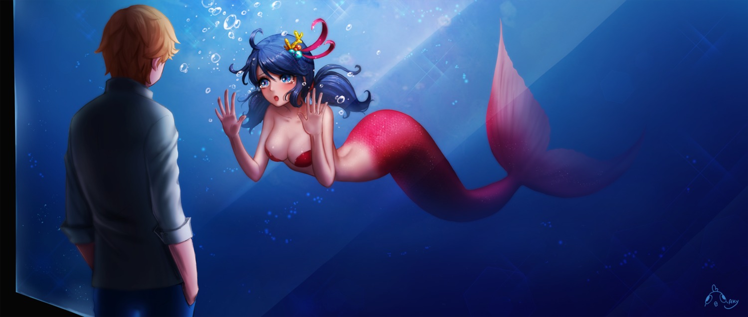 adrien_agreste ango marinette_cheng mermaid miraculous_ladybug monster_girl pasties tail topless