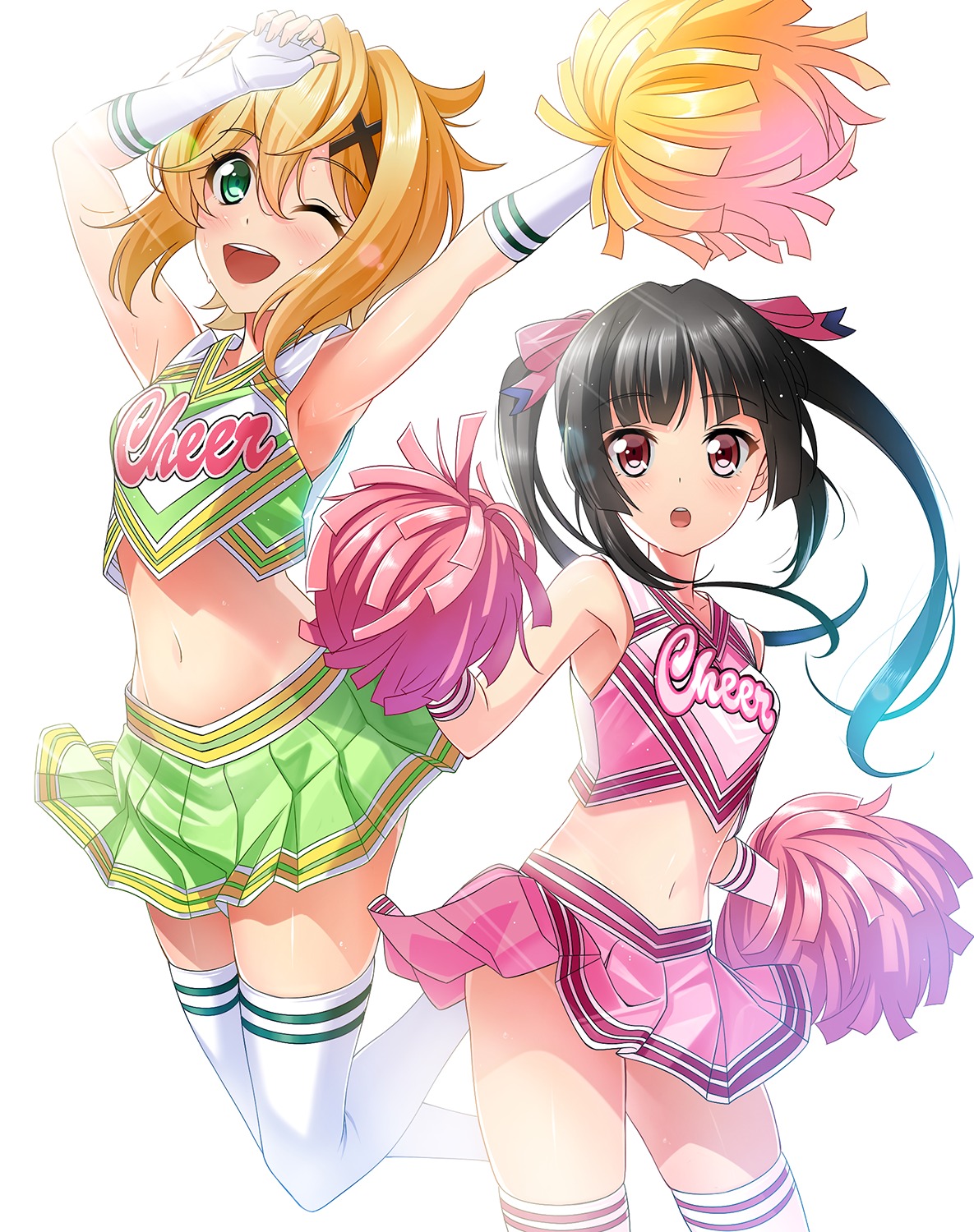 akatsuki_kirika cheerleader nyannmaru senki_zesshou_symphogear skirt_lift thighhighs tsukuyomi_shirabe