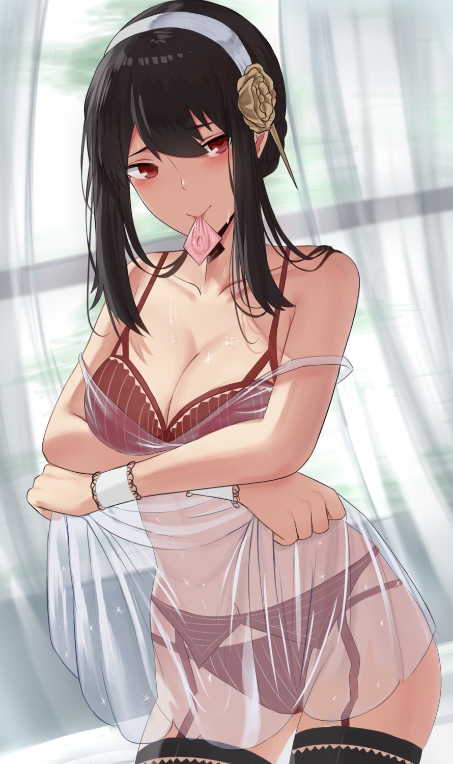 bra garter_belt i-chandraws lingerie pantsu see_through skirt_lift spy_x_family stockings thighhighs undressing wet yor_briar