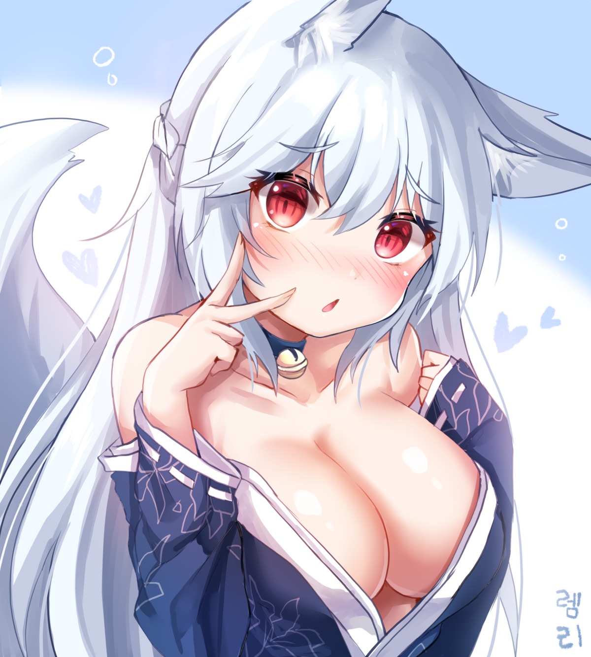 animal_ears cleavage honyang japanese_clothes no_bra open_shirt tail