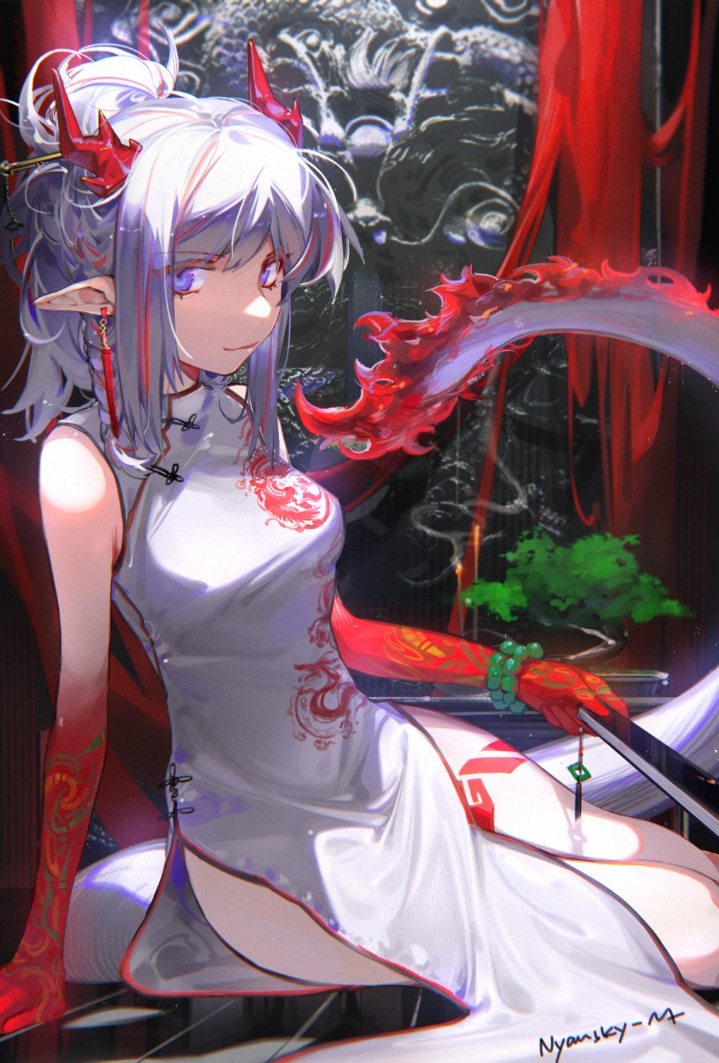 arknights chinadress horns nian_(arknights) nyansky pointy_ears tail tattoo