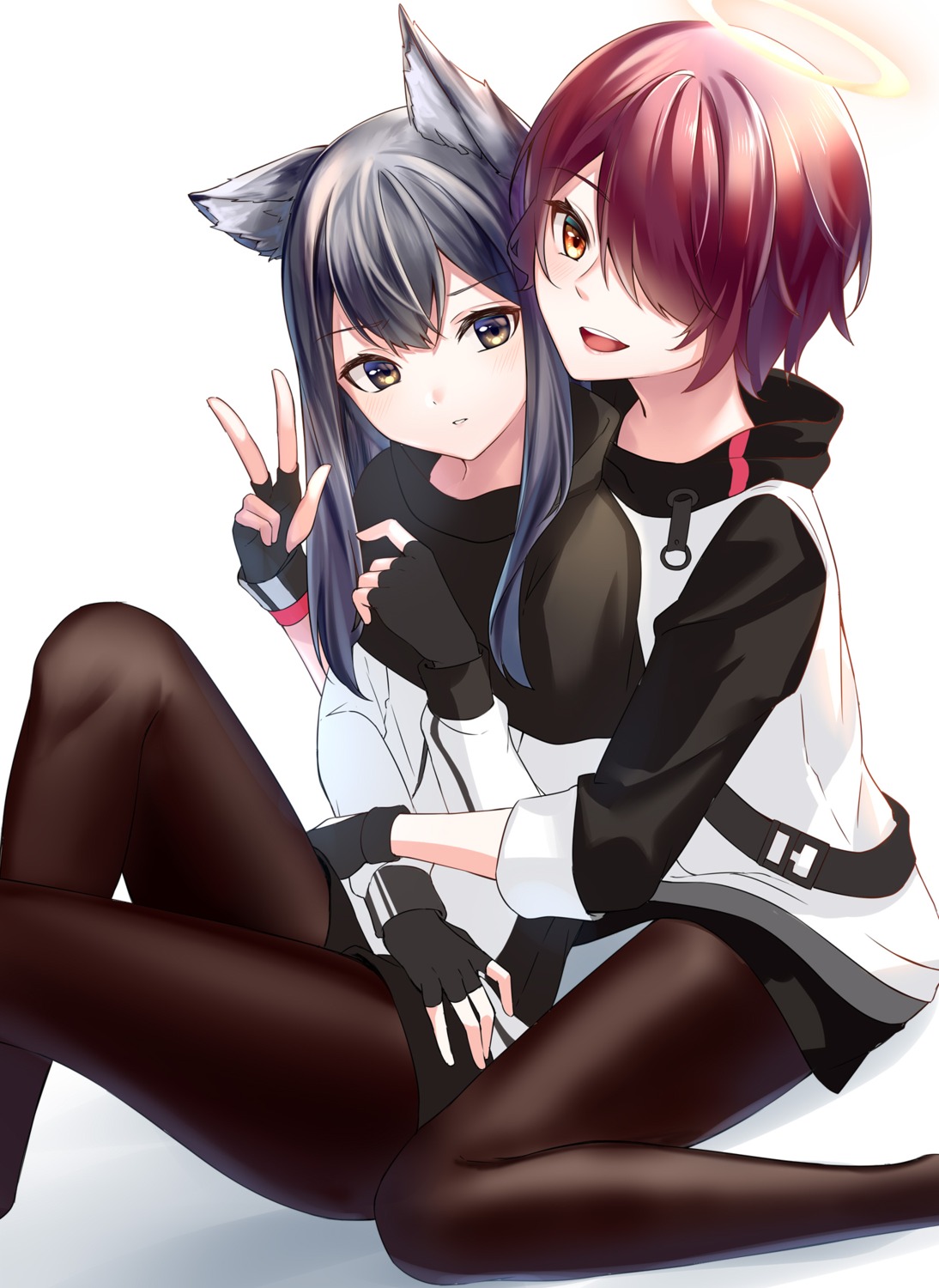 animal_ears arknights exusiai_(arknights) pantyhose rukinya_(nyanko_mogumogu) texas_(arknights) yuri