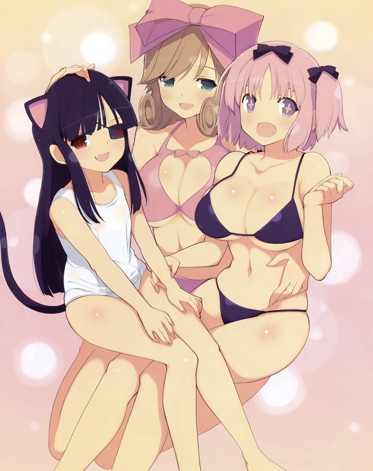 animal_ears bikini cleavage eyepatch haruka_(senran_kagura) hibari_(senran_kagura) mirai_(senran_kagura) nekomimi senran_kagura swimsuits tail underboob yaegashi_nan