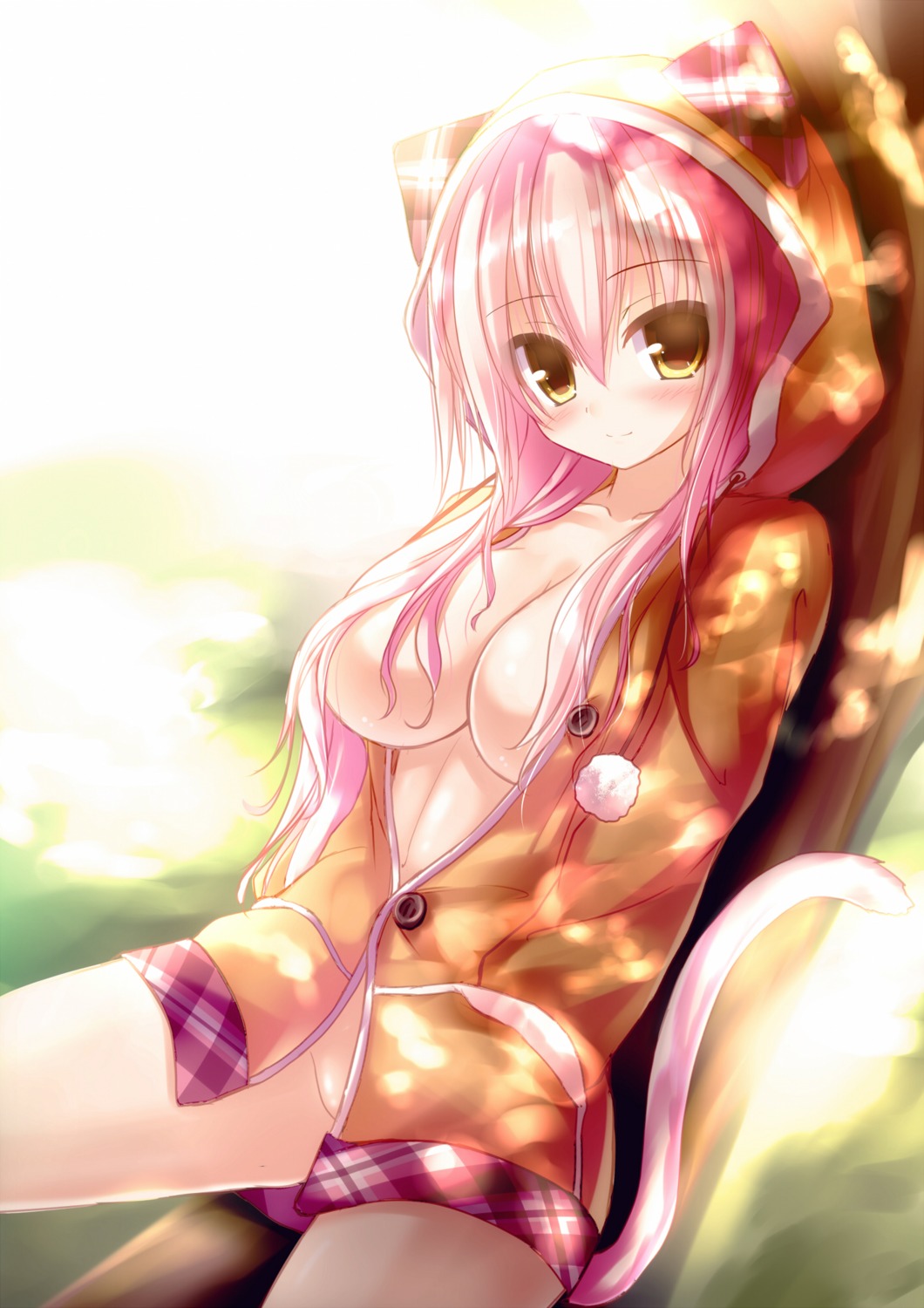 animal_ears bottomless breasts cleavage nekomimi no_bra nopan open_shirt shia_flatpaddy syroh tail